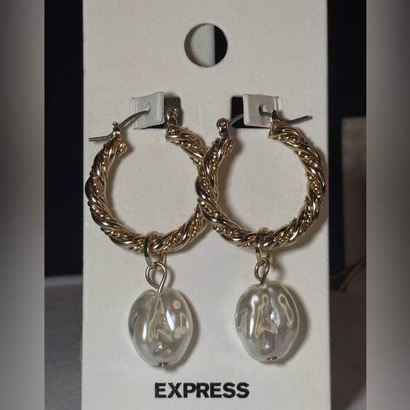 EXPRESS Gold Tone Textured Hoop Earnings With removable Hoop Charm 2 inch approx - Picture 2 of 4